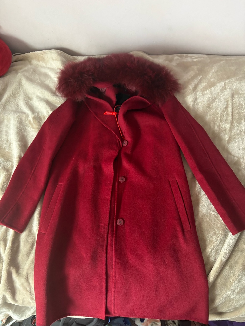 Dawn Levy Burgundy Wool Coat With Fur Hood